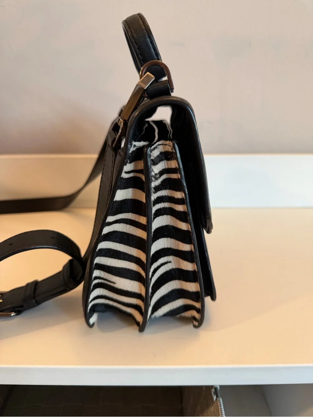 Rebecca Minkoff Black Leather Zebra Calf Hair Crossbody Satchel Bag